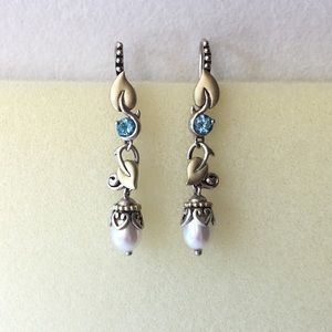 Barbara Bixby Blue Topaz 18K Gold Vine Leave Cultured Pearl Heart Earrings